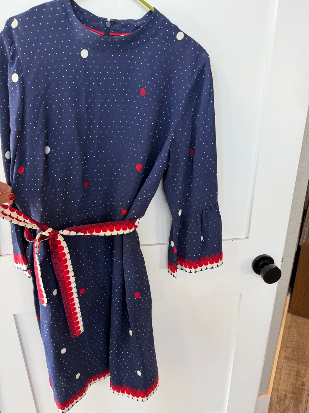 Boden Navy Polka Dot Belted Dress with Red Accent size 12 - Picture 3 of 7